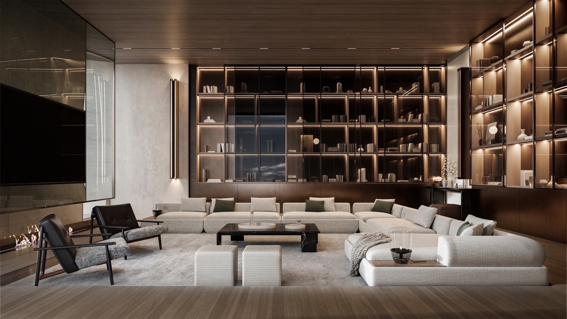 OMORIA Penthouse Library — warm backlit bookshelves and intimate seating