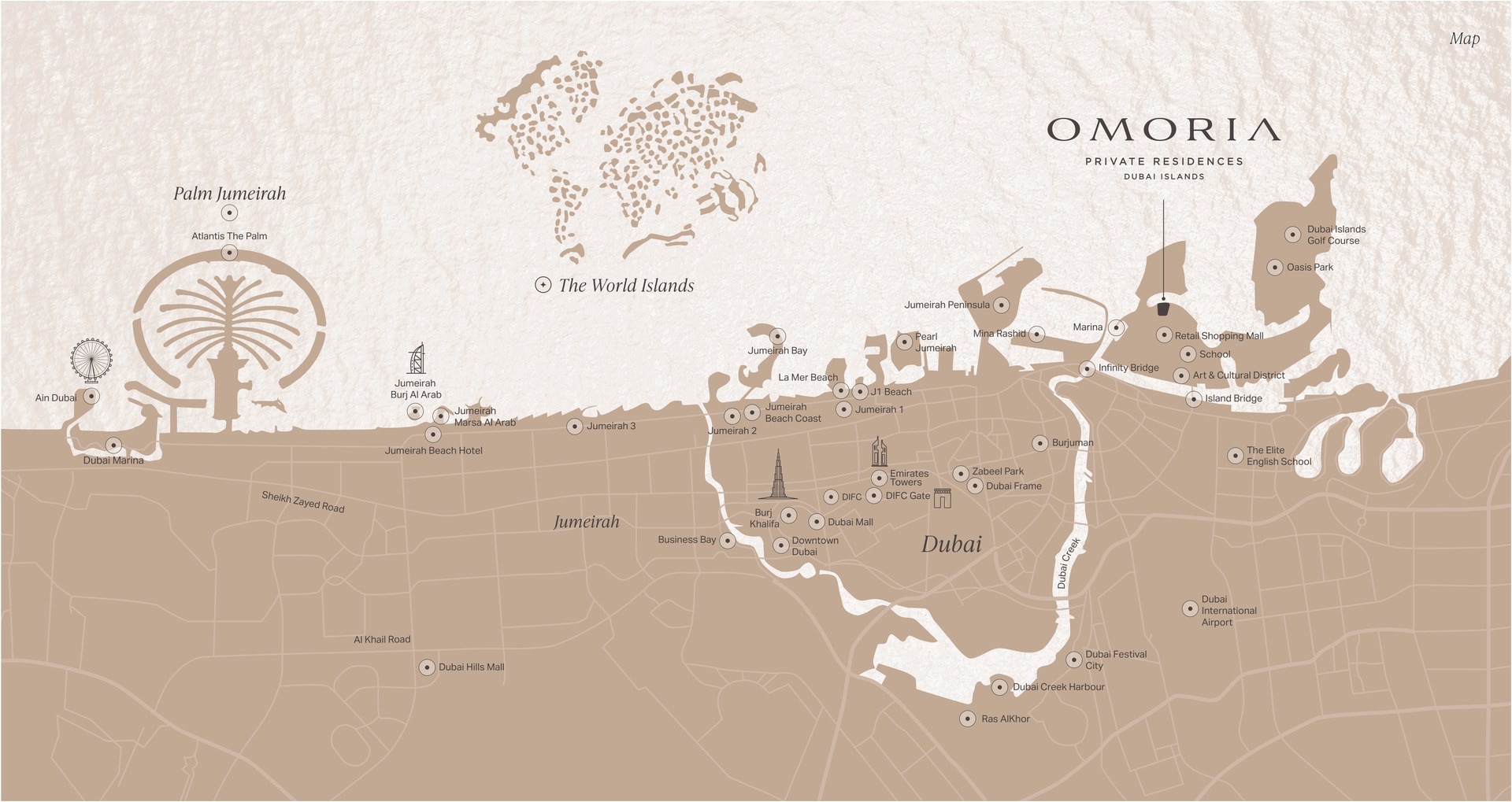 Dubai Islands location relative to Dubai city landmarks